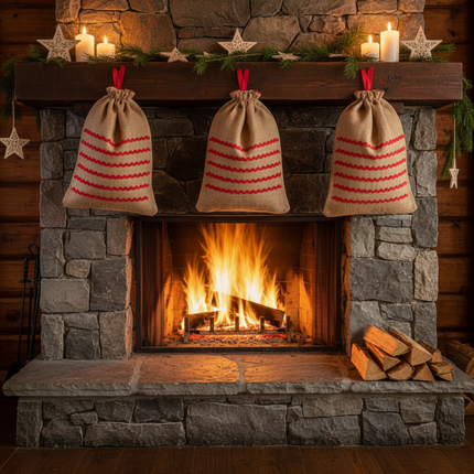 Scandi Christmas Santa sacks red ric rac fireplace