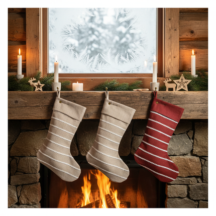 Scandi Christmas Santa stockings white ric rac mantelpiece