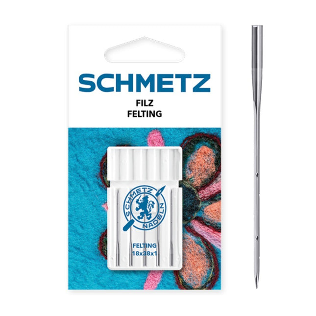 Packaging of Schmetz Felting Machine Needle, displaying the needle and packaging with visual examples of crafted felt.