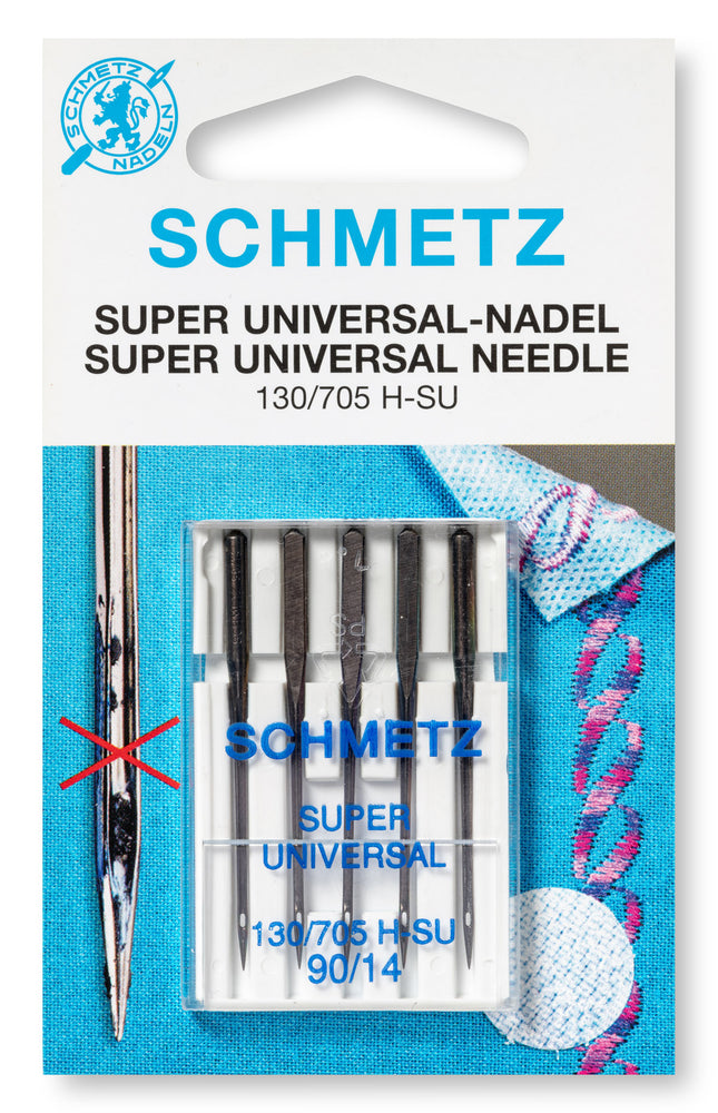 Schmetz super universal sewing machine needles retail card packaging showing antiadhesive non stick coating close up, Large eye domestic machine needles in sizes 70 10 80 12 90 14 and 100 16 for sewing velcro tape, Reinforced blade sewing needles for embroidery stabilizers and spray adhesives