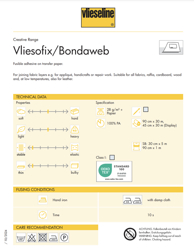 Vlieseline Vilene Bondaweb 902 Iron On Double Sided Applique Adhesive 17.5cm x 1.2m