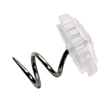 Prym clear head twist pins 13mm long for upholstery close up view, Spiral upholstery screw pins with 10mm clear head holding an arm cap on a sofa, Pack sizes selection of clear twist furniture fasteners for loose covers