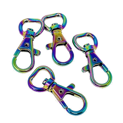 Four metallic lobster clasp keychains with an iridescent rainbow finish, arranged on a plain white background.