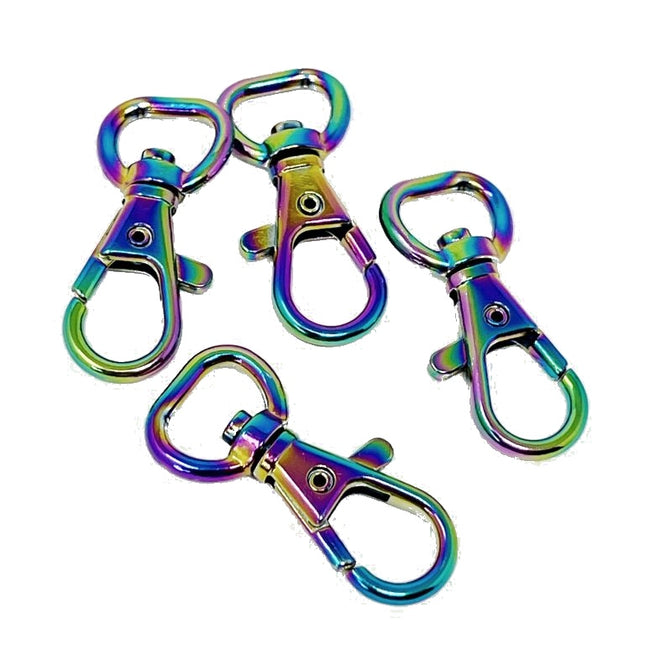Four metallic lobster clasp keychains with an iridescent rainbow finish, arranged on a plain white background.