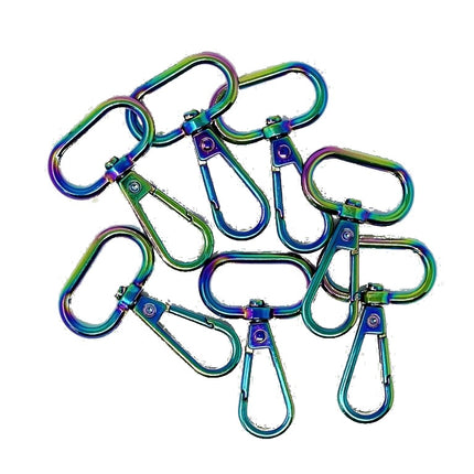 Six metallic carabiner clips with a vibrant iridescent rainbow finish, arranged on a plain white background.