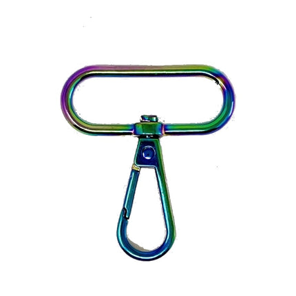 An iridescent rainbow-colored metal key ring clip with a swivel snap hook, shown on a plain white background.