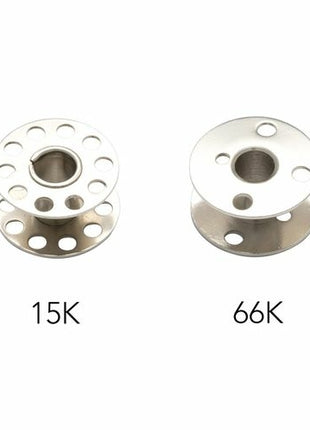 Two metal spools with sizes 15K and 66K on a white background
