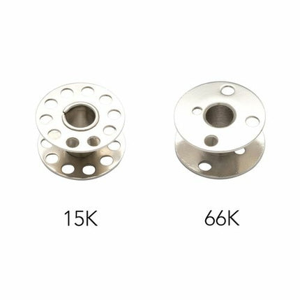 Two metal spools with sizes 15K and 66K on a white background