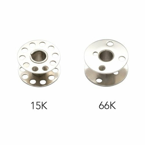 Two metal spools with sizes 15K and 66K on a white background