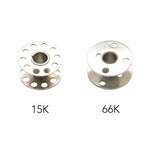 Two metal spools with sizes 15K and 66K on a white background