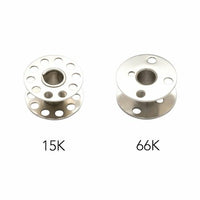 Two metal spools with sizes 15K and 66K on a white background