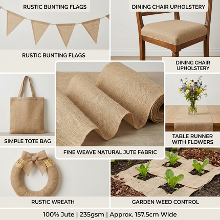 Square product infographic for natural unbleached hessian jute fabric with hero panel, six application panels and a specification strip