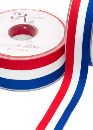 Super Ribbons red, white, and blue ribbon spool on a white background