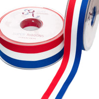 Super Ribbons red, white, and blue ribbon spool on a white background