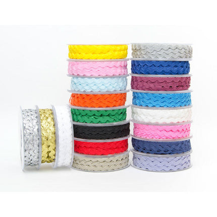 A collection of Ric Rac Ribbon Trimming Braids in various colors, displayed horizontally in separate groups.