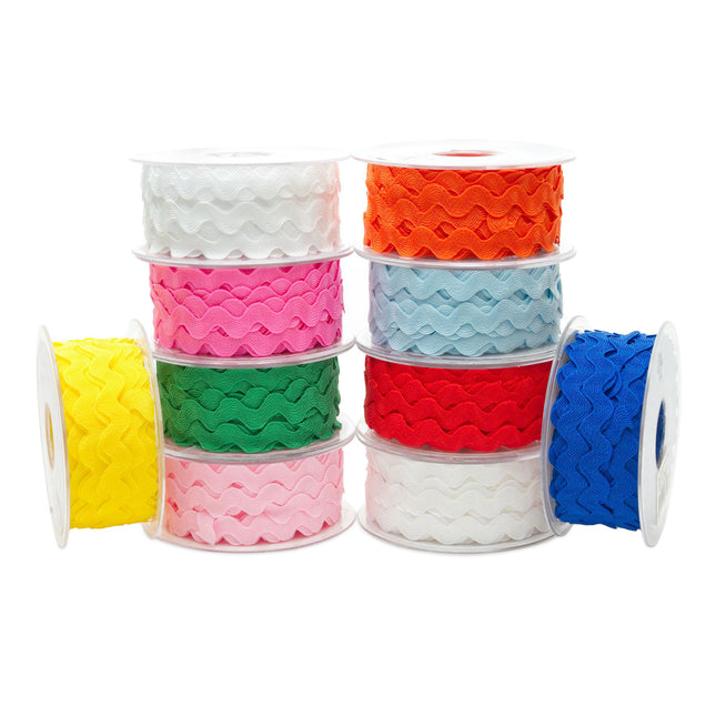 Ric Rac ribbon braid trimmings 13mm wide in 24 colors layout featuring solid and metallic Lurex options, Close up of 13mm wavy Rik Rak braiding trim measured and cut from a roll, Multi color zig zag ric rac ribbon trim for dressmaking and sewing borders