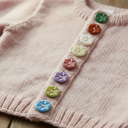 Star buttons lifestyle — close-up pale pink cardigan button band