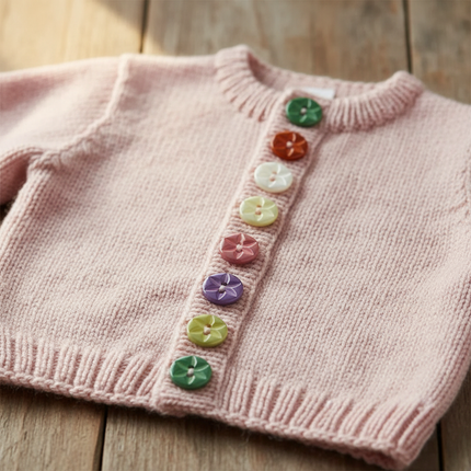 Star buttons lifestyle — pale pink cardigan multi-colour