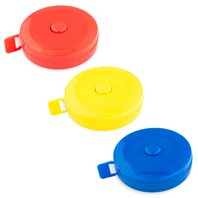 Spring Loaded Tape Measure 60 Inch 150cm Long Metric & Imperial Red Blue Yellow - ThreadandTrimmings