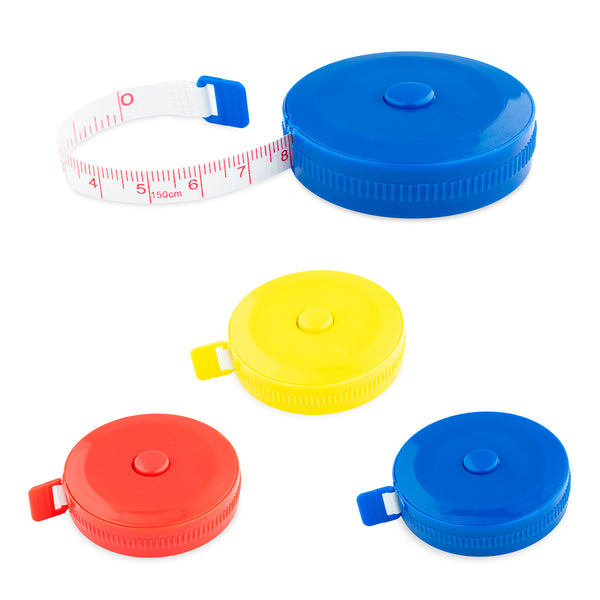 Spring loaded tape measures in red, yellow and blue on a white background
