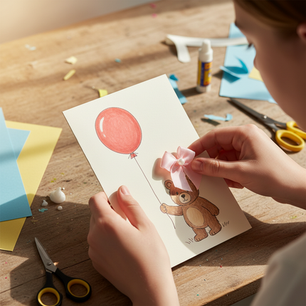 Teenage girl making birthday card with satin ribbon bow and pearl
