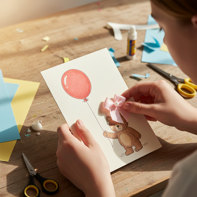 Teenage girl making birthday card with satin ribbon bow and pearl