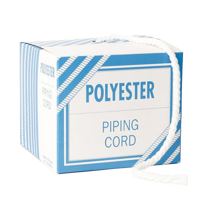 Box of polyester piping cord with a white cord spilling out on a white background