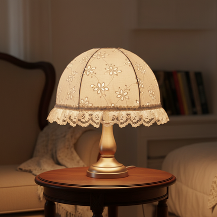 White broderie anglaise lampshade with frilled nylon lace trim — full scene