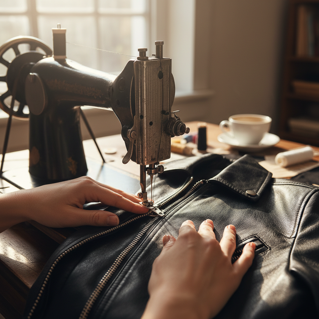 Woman's hands at sewing machine stitching a metal zip down the centre front of a black leather jacket