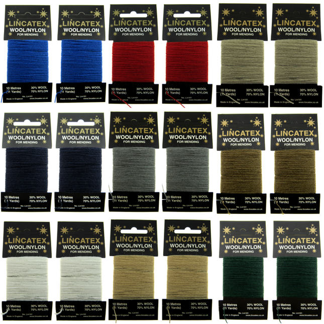 Assorted spools of Lincatex mending darning repair wool and yarn in various colors, packaged in sets of two 10 meter cards.