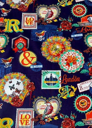 Bright Cotton Navy Fabric with Love London Theme - 100% Cotton Fabric 56" Wide