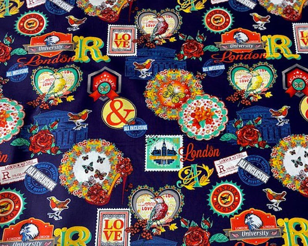 Bright Cotton Navy Fabric with Love London Theme - 100% Cotton Fabric 56" Wide
