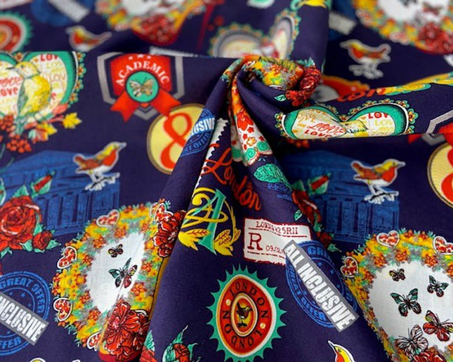 Bright Cotton Navy Fabric with Love London Theme - 100% Cotton Fabric 56" Wide