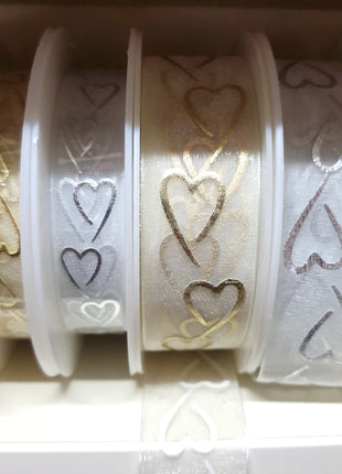 Heart Organza Ribbon with Printed Silver or Gold Heart - 3m Piece 15mm / 25mm - - ThreadandTrimmings