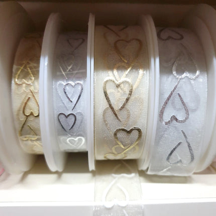 Heart Organza Ribbon with Printed Silver or Gold Heart - 3m Piece 15mm / 25mm - - ThreadandTrimmings
