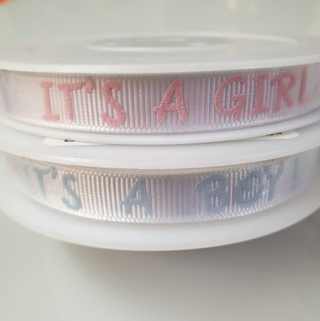 It's a BOY - It's a GIRL - 10mm Celebration Grosgrain Ribbon in Pink or Blue - ThreadandTrimmings