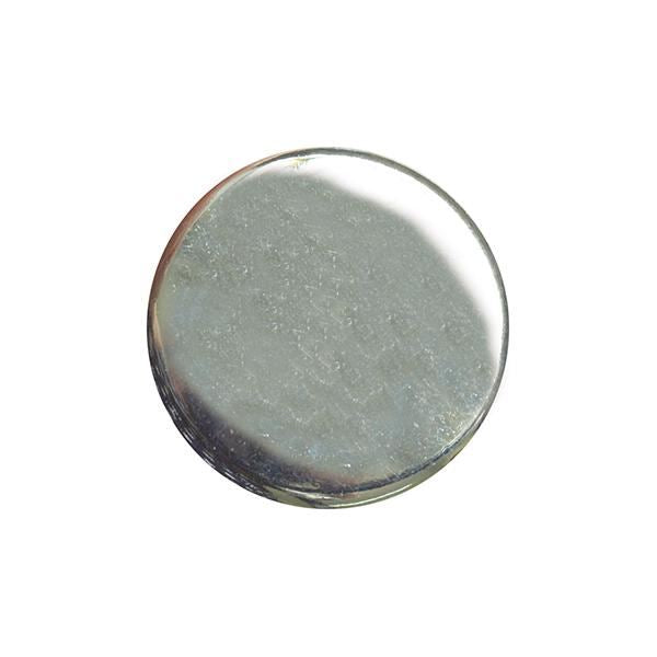 A single round polished silver metal blazer button with shank.