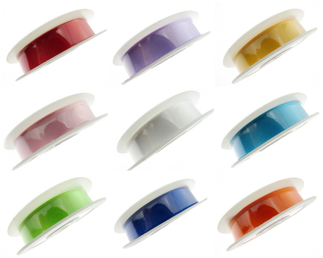 Assortment of colorful satin ribbons with woven edges on spools, displayed in a grid layout.