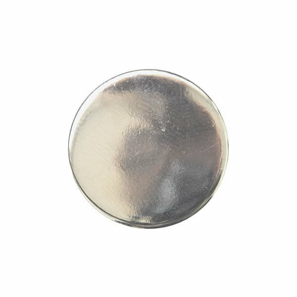 A single flat, round, silver plastic blazer button with a shank.