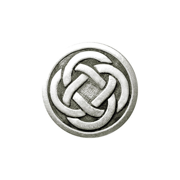 A silver oxidised metal round Celtic knot button with a shank back type closure.