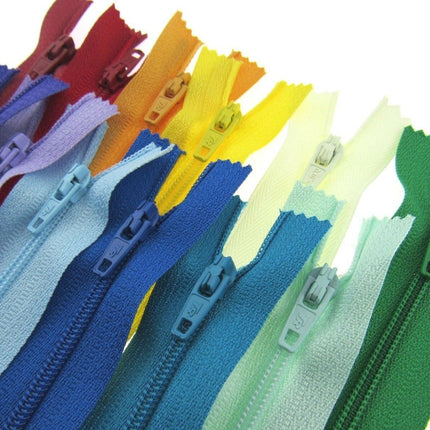 12 x Auto lock No 3 Nylon Closed End Zips - Rainbow Sample Mix - Bright Colours - ThreadandTrimmings