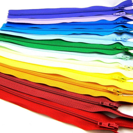 12 x Auto lock No 3 Nylon Closed End Zips - Rainbow Sample Mix - Bright Colours - ThreadandTrimmings