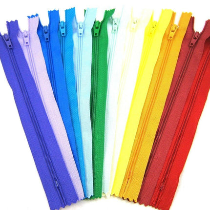 12 x Auto lock No 3 Nylon Closed End Zips - Rainbow Sample Mix - Bright Colours - ThreadandTrimmings