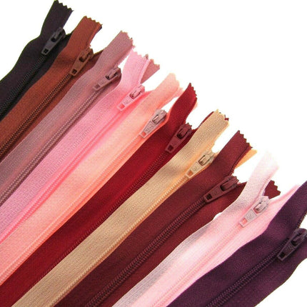 10 x Autolock No 3 Nylon Closed End Zips - RED / PINK Sample Mix - ThreadandTrimmings
