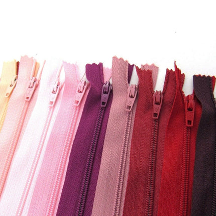 10 x Autolock No 3 Nylon Closed End Zips - RED / PINK Sample Mix - ThreadandTrimmings