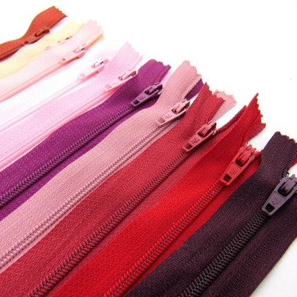 10 x Autolock No 3 Nylon Closed End Zips - RED / PINK Sample Mix - ThreadandTrimmings