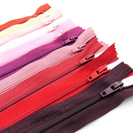 10 x Autolock No 3 Nylon Closed End Zips - RED / PINK Sample Mix - ThreadandTrimmings