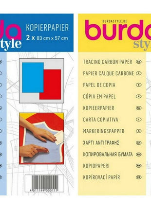 Packaging for Burda Tracing Paper Tissue Carbon Paper, showing two sheets in different colors, yellow and blue, with detailed instructions included.