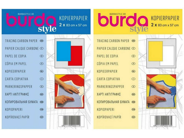 Packaging for Burda Tracing Paper Tissue Carbon Paper, showing two sheets in different colors, yellow and blue, with detailed instructions included.