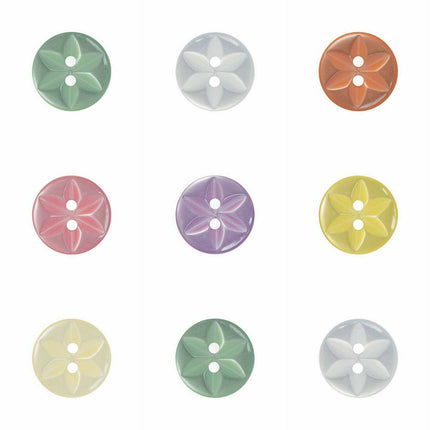 An array of colorful round star-shaped baby buttons in various colors including green, orange, pink, purple, yellow, and clear.
